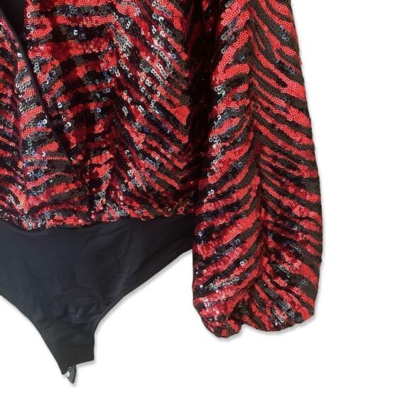 NBD Rochelle bodysuit sequin red black zebra print going out top Revolve Sz S - Picture 3 of 11